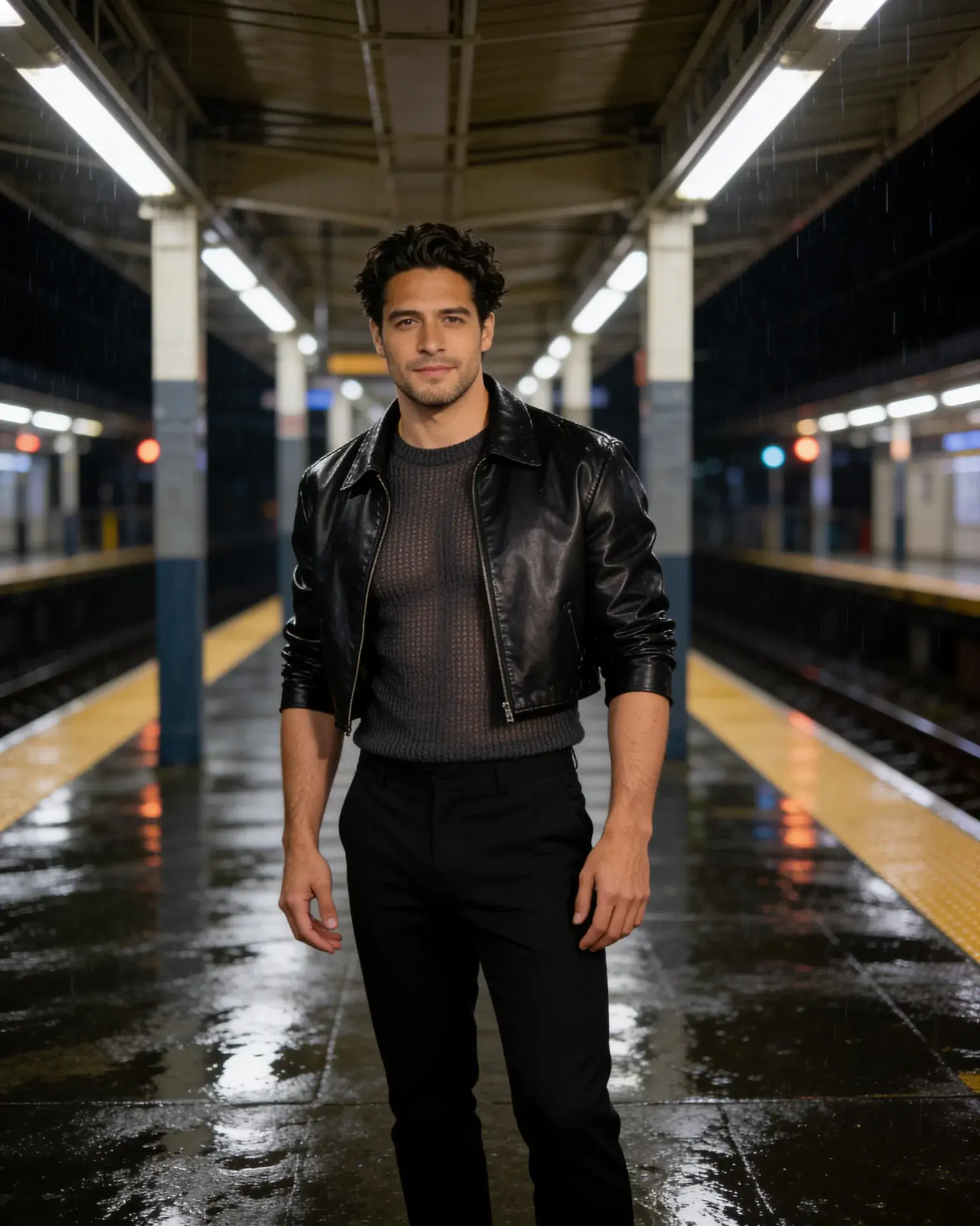 Same man in black evening clothes on a rain-soaked night platform
